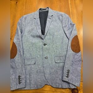 H&M Textured Blue Blazer with Brown Elbow Patches